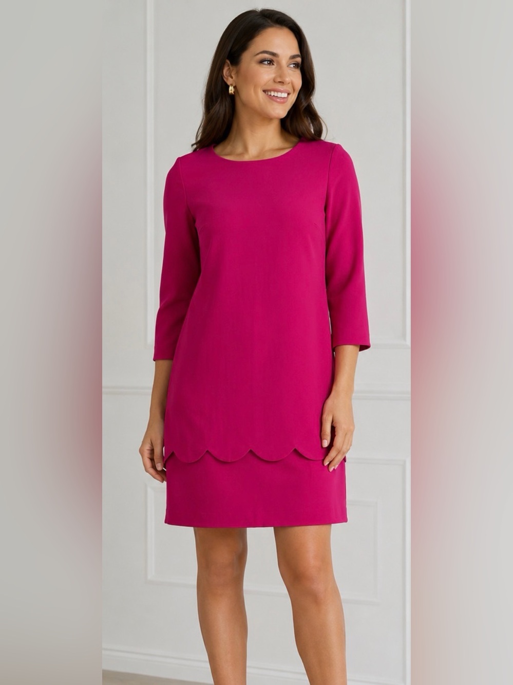 Kate Spade New York Fuchsia Pink Scalloped Hem Shift Dress 3/4 Sleeve